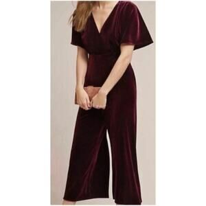 ANTHROPOLOGIE GREYLIN | Burgundy Velvet Wide Leg Luna Jumpsuit Holiday Party XS